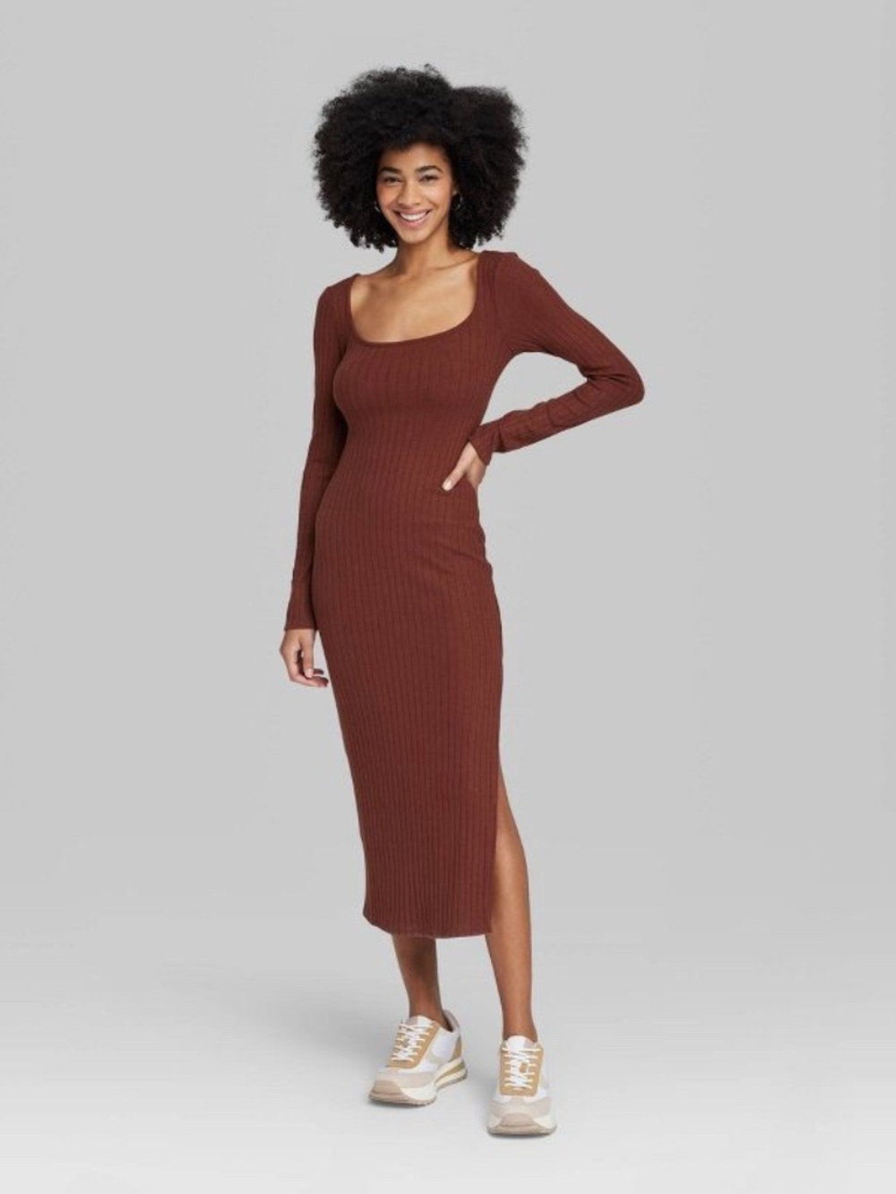 Wild Fable Scoop Neck Long Sleeve Rib Knit Midi Dress - Rust Brown